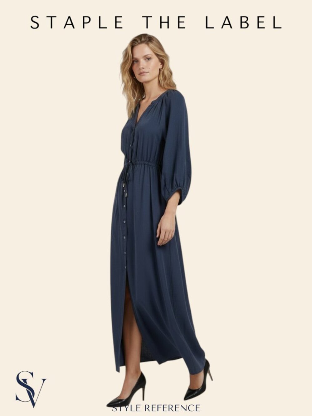 NWT Staple The Label Navy Blue Button Down Maxi Dress Drawstring Waist Size M